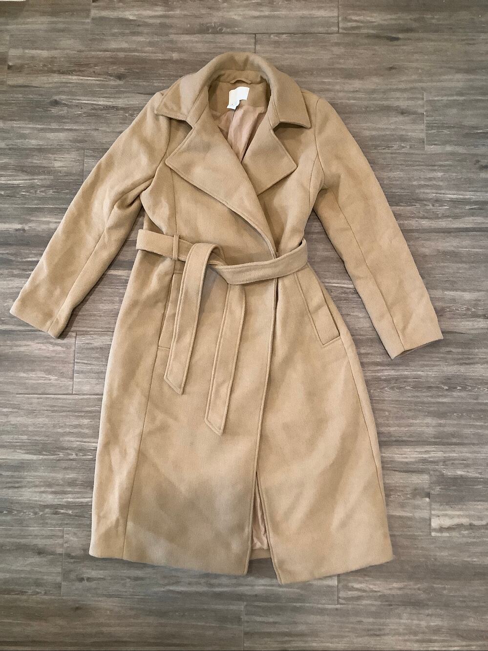 H&M Women's XS Tan Long Open Front Tie Waist Coat HR10-16